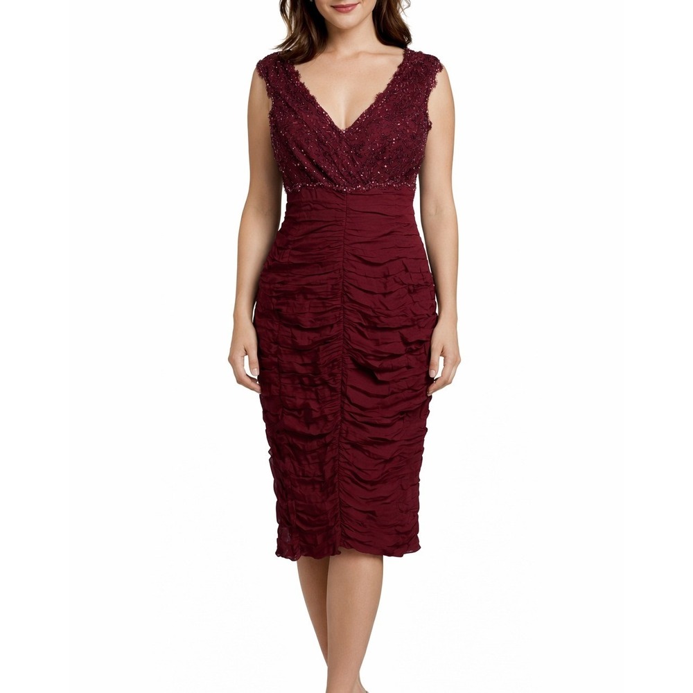 Tadashi Collection‎ Burgundy Silk Ruffle Lace Sequin Cocktail Dress 6